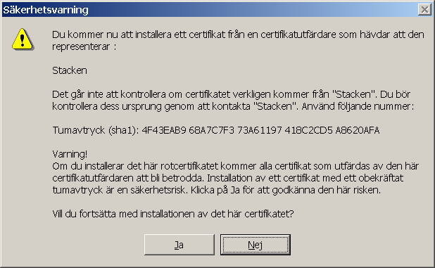 [Skerhetsvarning] Ber dig kontrollera certifikatets fingeravtryck